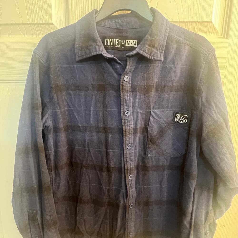 Fintech The Woodsman Blue Plaid Flannel Shirt Mens Size Medium Gorpcore Hiking